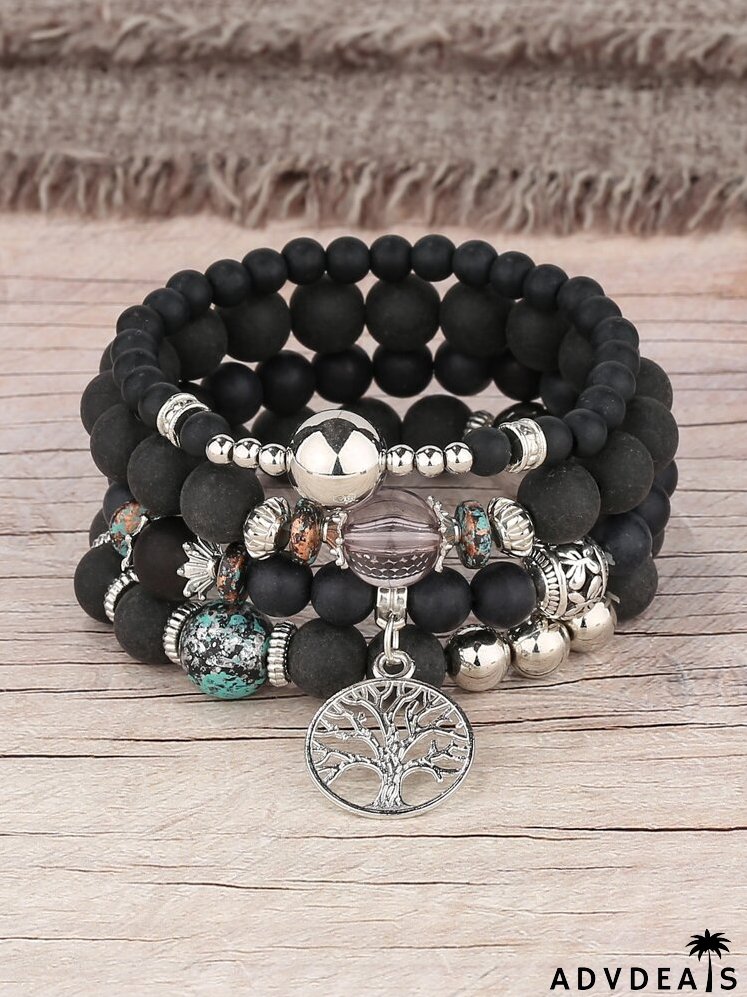 4pcs Tree Detail Round Charm Beaded Bracelet