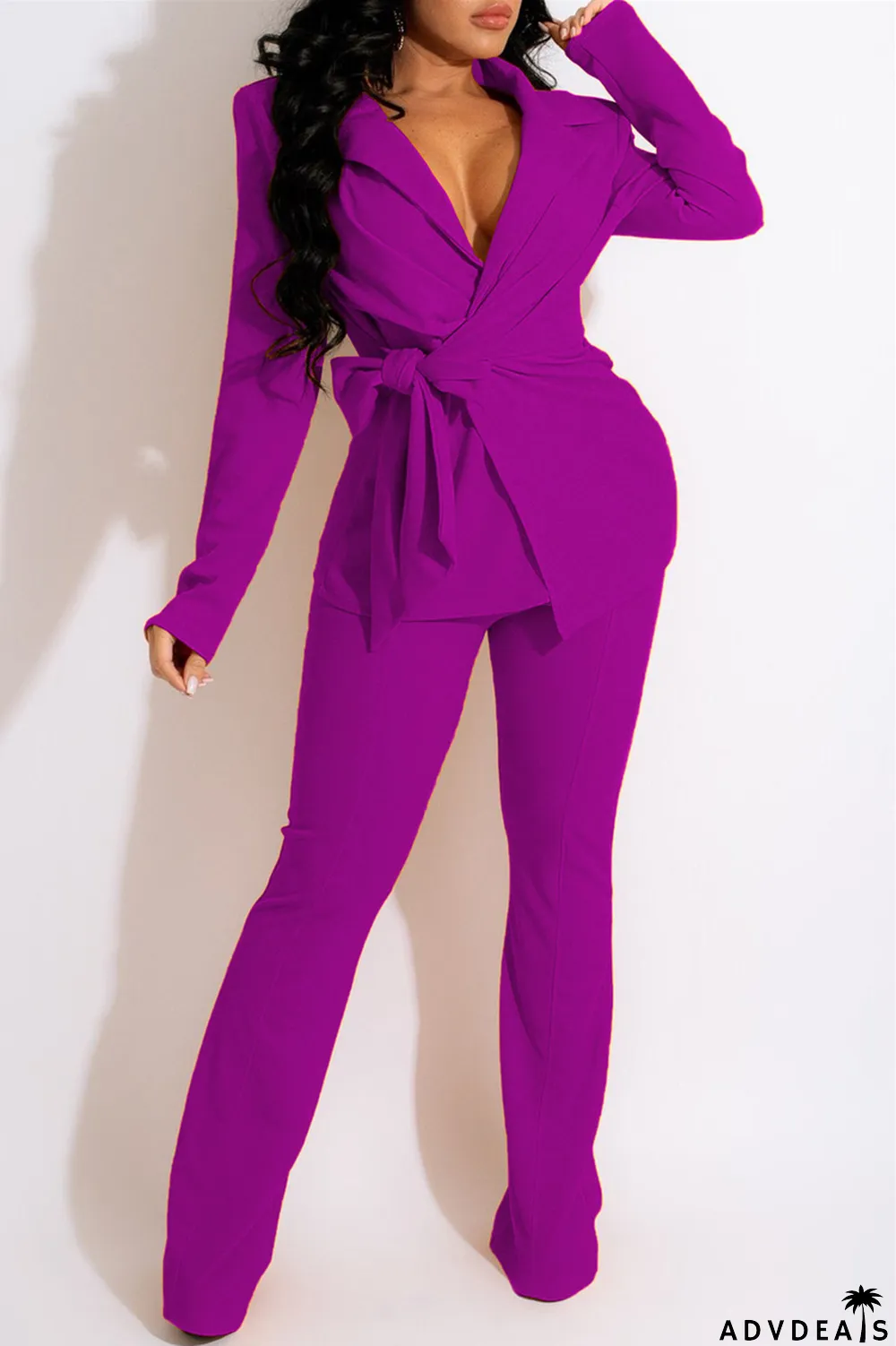 Purple Fashion Casual Solid Bandage Turndown Collar Long Sleeve Two Pieces