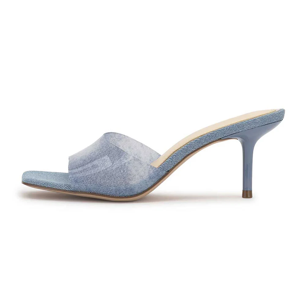 Blue Open Square Toe Stiletto Heel Simple Slides for Women