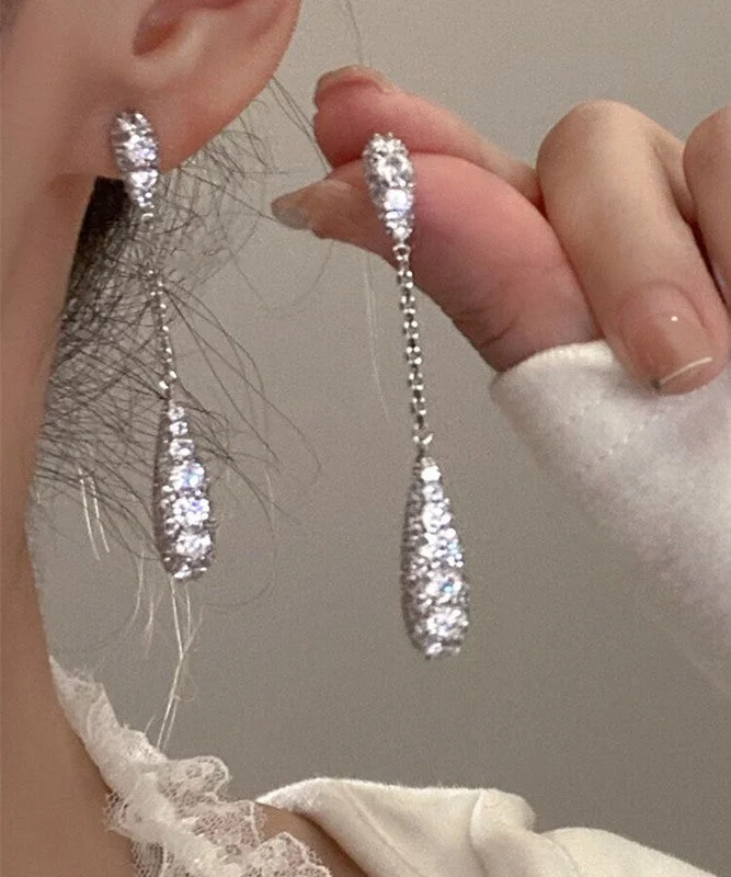 Fashion Silk Sterling Silver Zircon Water Drop Tassel Drop Earrings