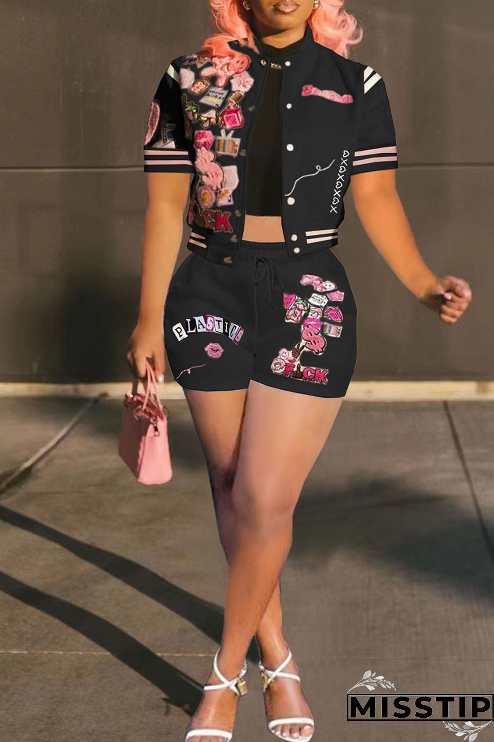 Cream White Casual Street Print Patchwork Buckle Short Sleeve Two Pieces