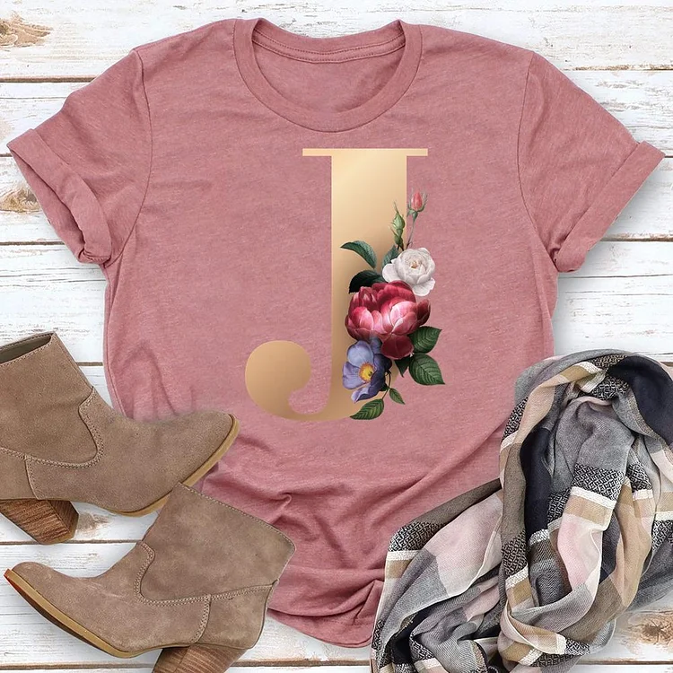Floral Alphabet Font Letter J Round Neck T-shirt