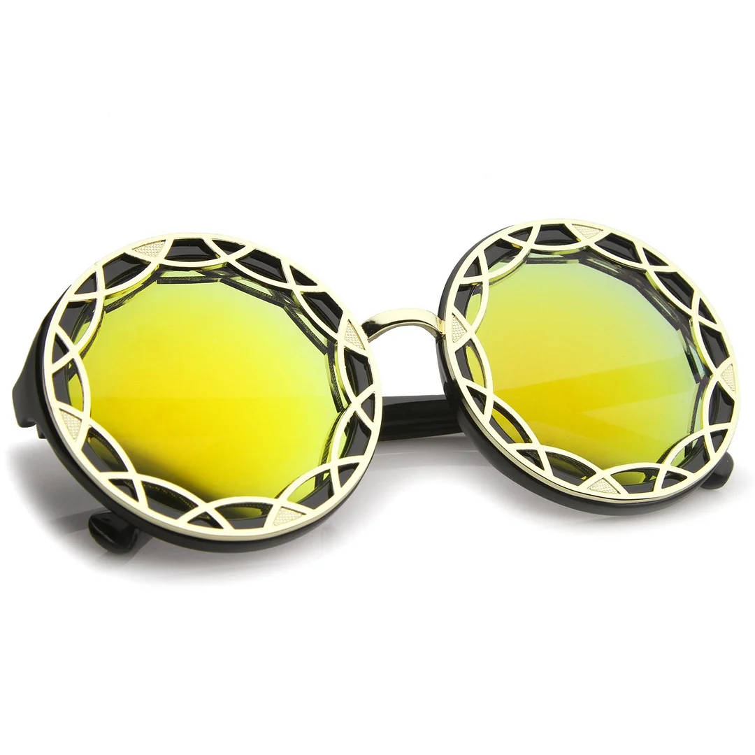Women's Oversize Ornate Flat Pattern Color Mirror Lens Round glasses 55mm