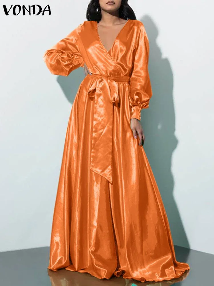 VONDA Fashion Satin Party Sundress 2022 Women Bohemian Summer Long Dress Sexy V Neck Female Solid Casual A-Line Maxi Robe Femme