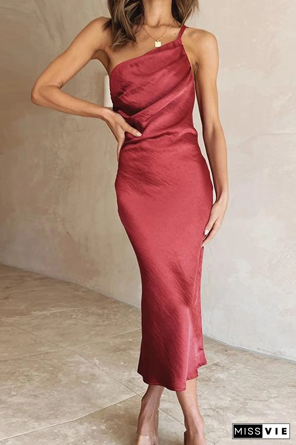 Ruched One Shoulder Slip Midi Dress