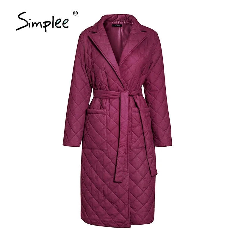 Simplee Long straight winter coat with rhombus pattern Casual sashes women parkas Deep pockets tailored collar stylish outerwear