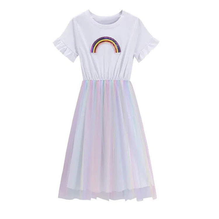 Rainbow Print A-line Short Sleeve Tulle Dress  - Modakawa modakawa
