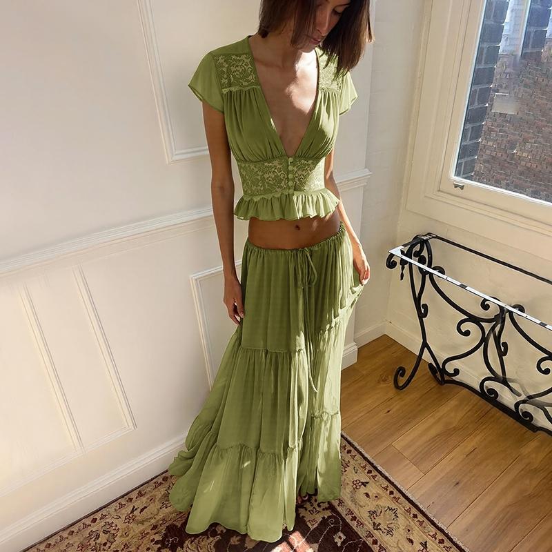 Women Summer Short Sleeve V Neck Tops Long Skirt Beach Vacation Chiffon Two Piece Set Outfit Women Summer Short Sleeve V Neck Tops Long Skirt Beach Vacation Chiffon Two Piece Set Outfit