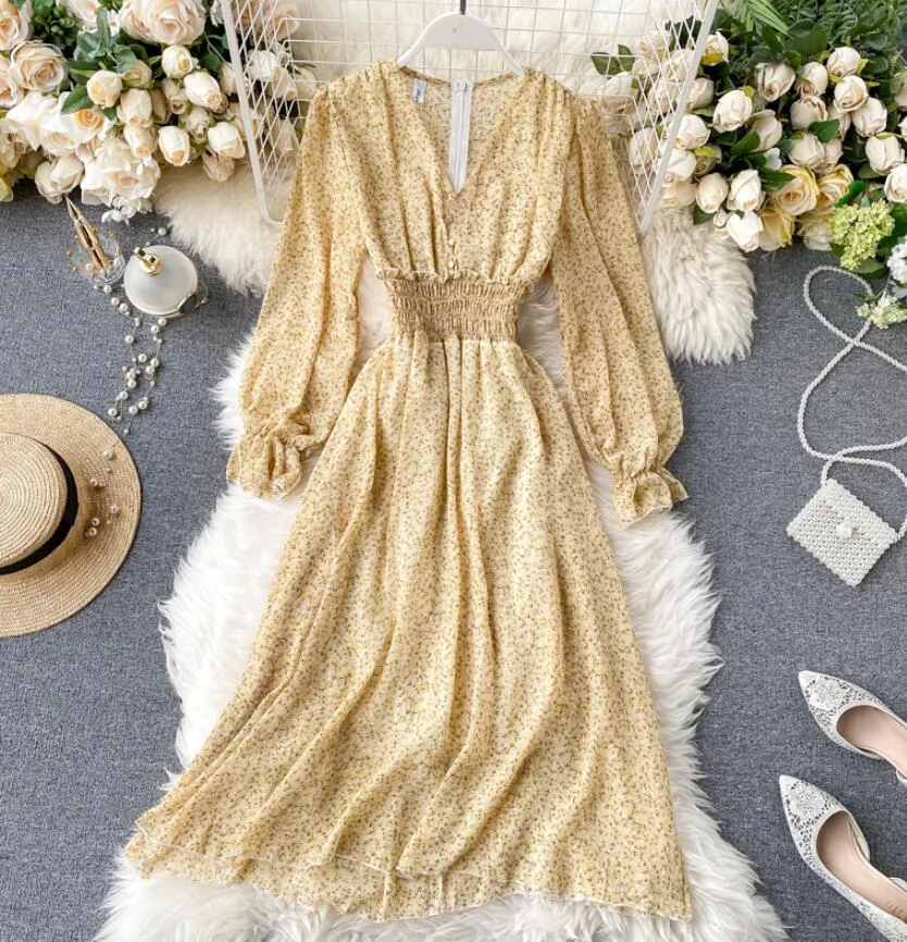 Floral elegant Women Dress Vintage Long sleeve V-neck Print Chiffon Dresses 2020 Spring summer Elastic waist Long Dress Vestidos