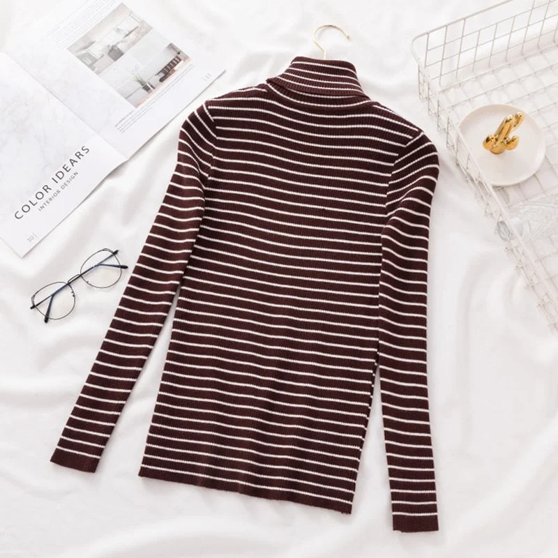 Women Vintage Black and White Striped Knitted Sweater Long Sleeve Turtleneck Slim Warm Casual Pullover 2021 Winter Fashion Tops