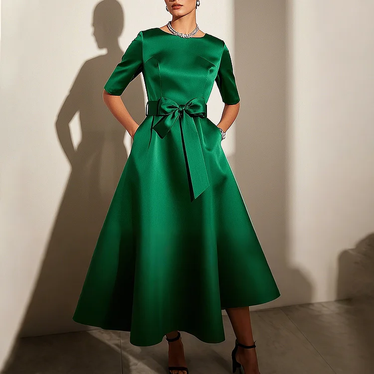 Ursime Round Neck Half Sleeve Bow Pocket Midi Dress
