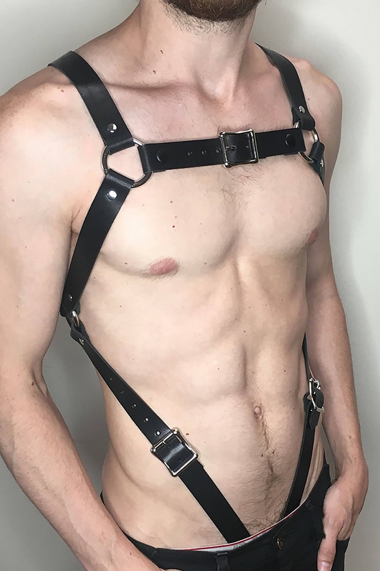 Men's Leather Restraint Clothes Wearing Trousers Long Body Harness