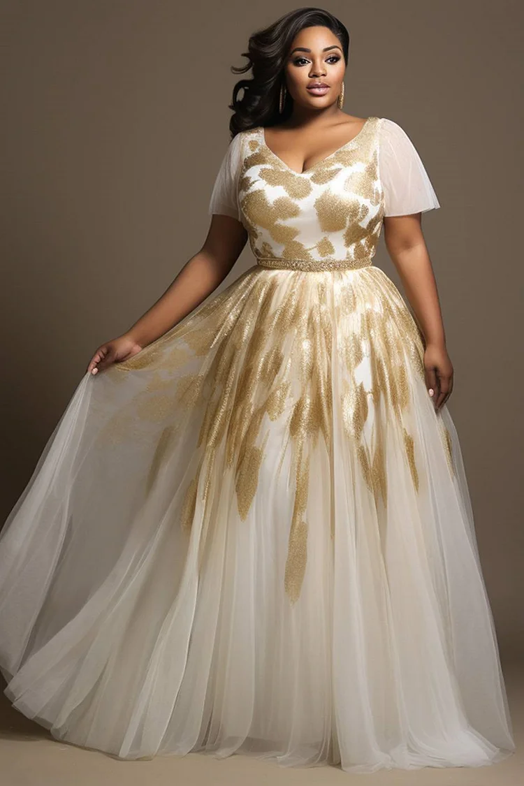 Xpluswear Design Plus Size Formal Gold Elegant Graphic V Neck Short Sleeve See Through Tulle Maxi Dresses [Pre-Order] 2024 - Xpluswear