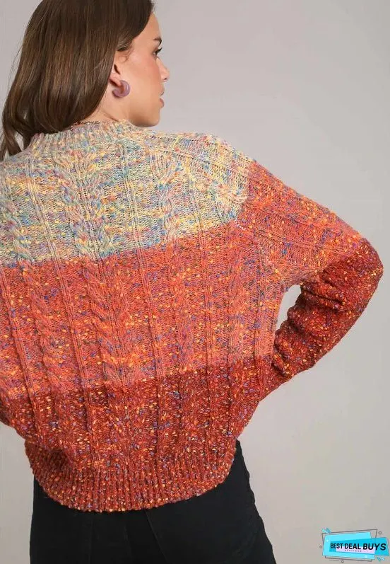 Cable-Knit Color Block Round Neck Long Sleeve Sweater