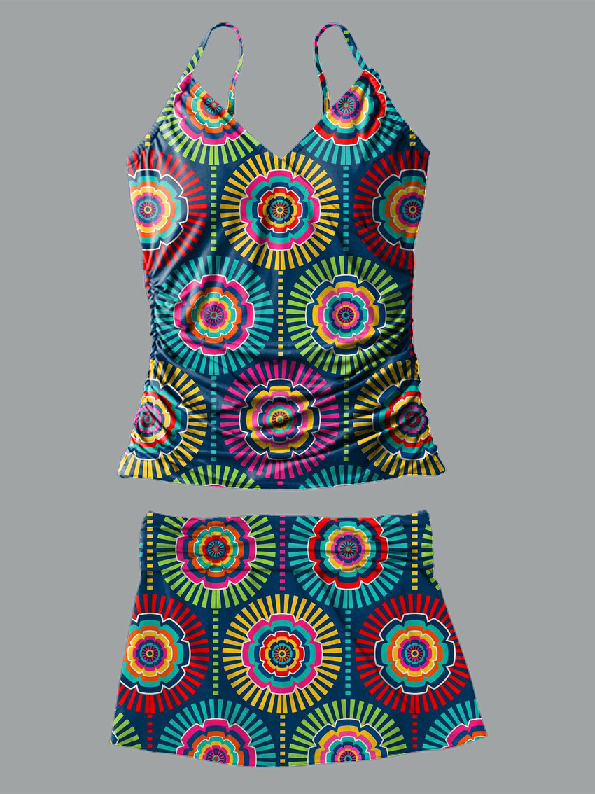 Women's V-Neck Retro Colorful Hippie Camper Print Suspender Skirt Split Swimsuit Skirt Suit Swimsuit main image 1