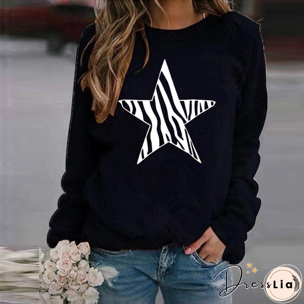 Women StarPrint Sweatshirts O-Neck Long Sleeve Pentagram Five-pointed Star Pattern Ladies Casual Female PulloversPoleronMujer