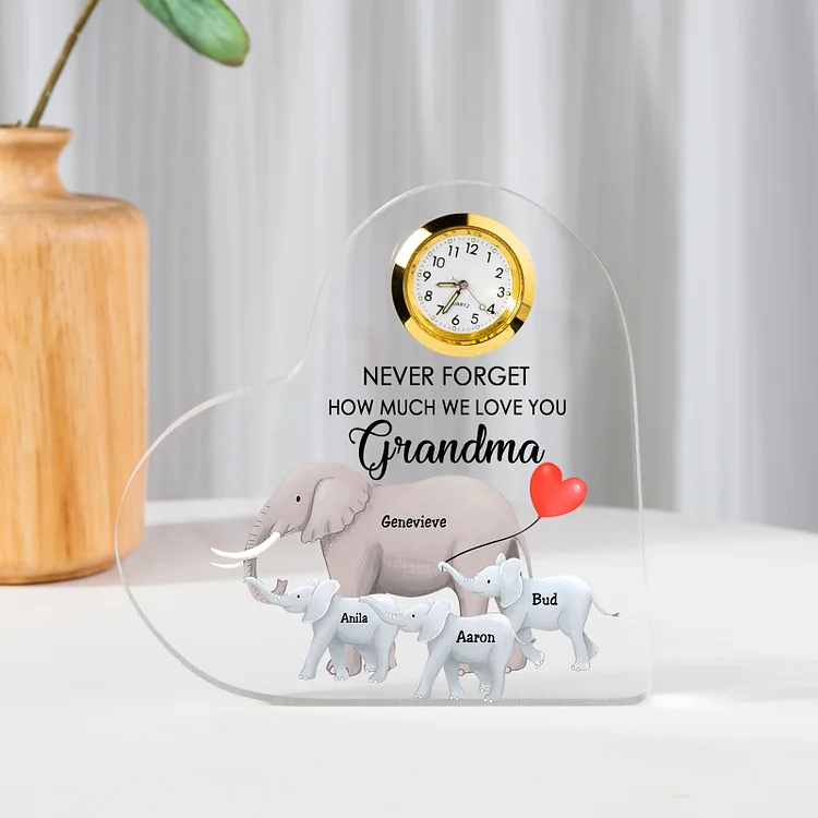 A la familia-Placa acrílica en forma de corazón elefantes con un reloj 1 texto 4 nombres personalizados