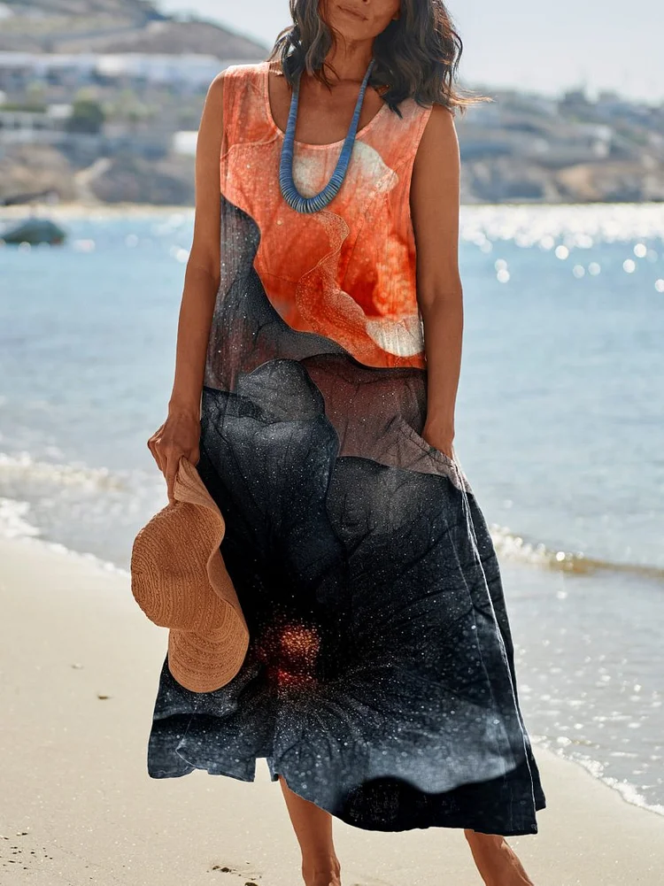 Black and Red Floral Print Womens Pocket Pinafore Linen Dress