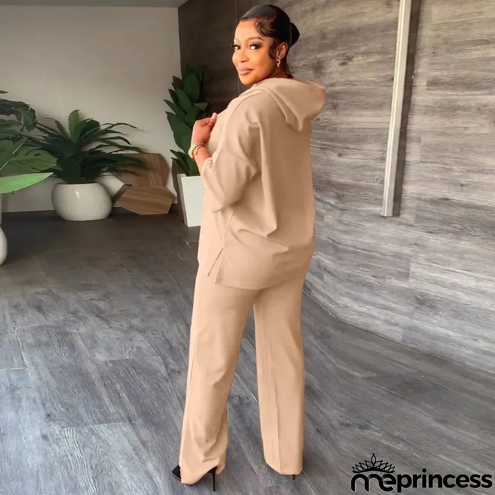 Solid 3/4 Sleeve Hooded Sweatshirt Pant Two Piece Set