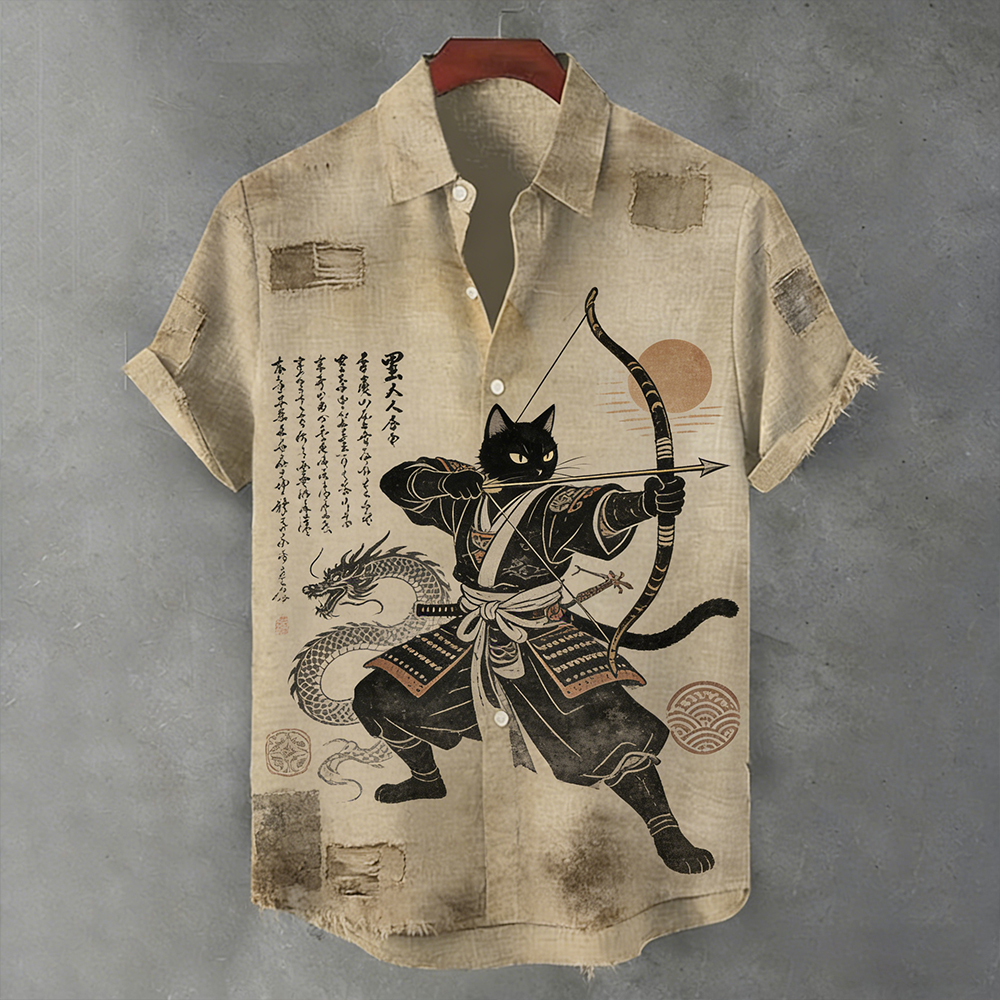 Men's Retro Cat Samurai Archer Art Print Short Sleeve Shirt elevenforest