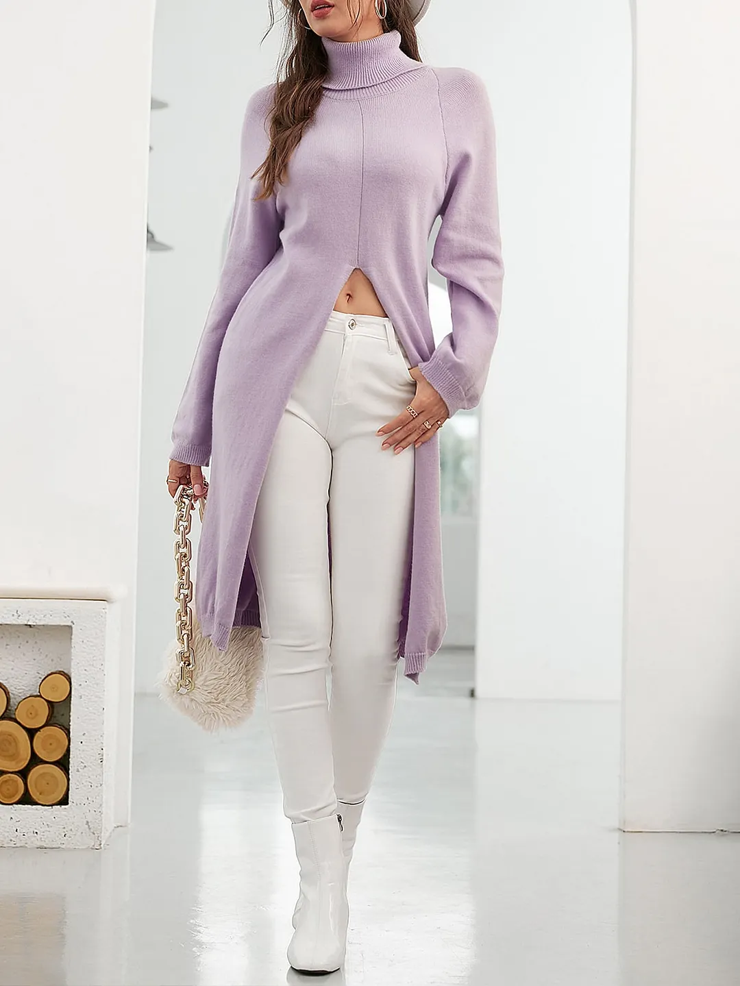 Nigikala Nigikala Women's Long Knitted Shirt Spring And Autumn Fashion High-Neck Long Sleeves Under The Fork Solid Color Sweater