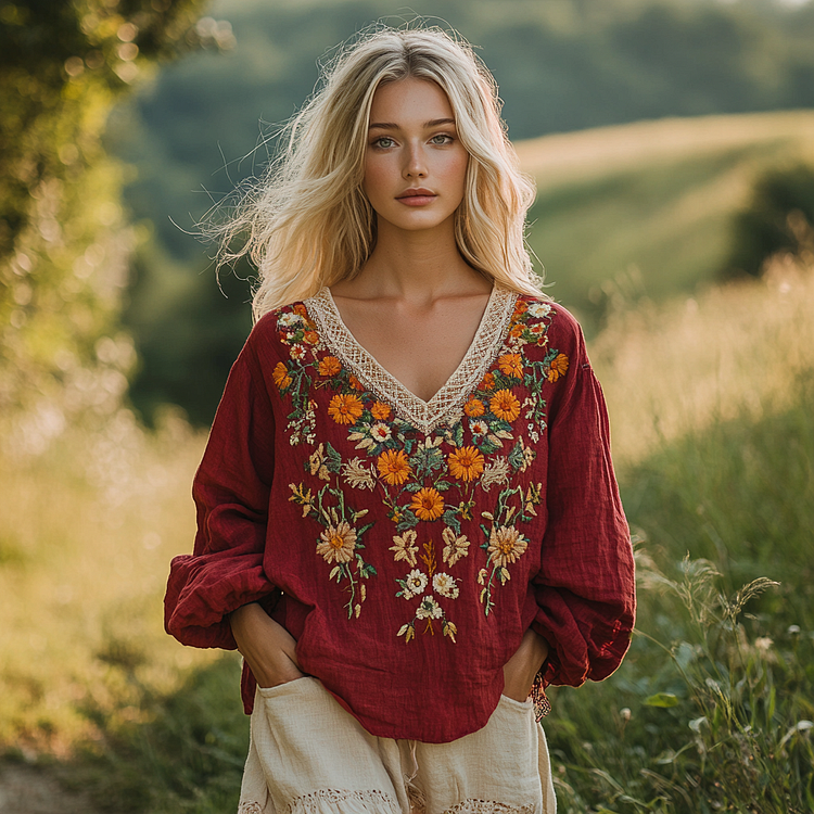 Utbros Retro Bohemian Floral Embroidery Art Linen Blend Loose Blouse