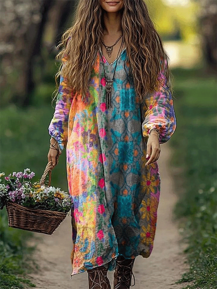 Women's Colorful Floral Art Print Loose V Neck Pocket Cotton Dress