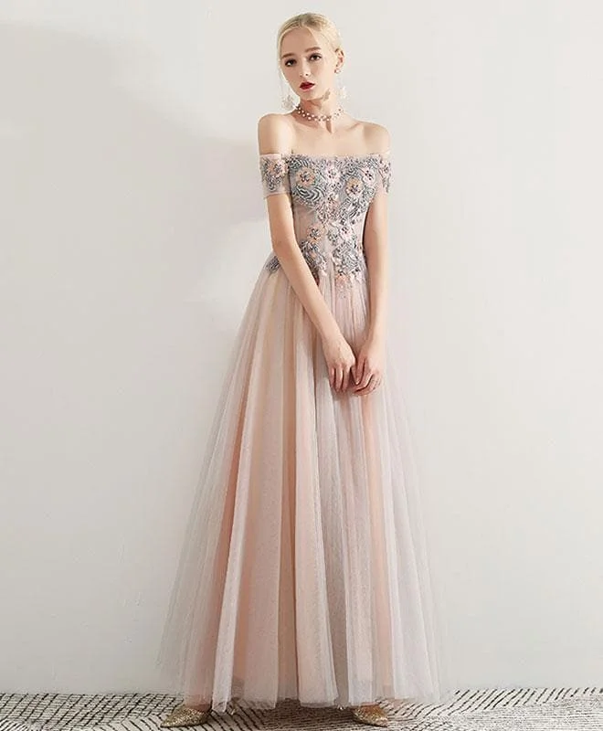 Champagne Pink Tulle Long Prom Dress, Tulle Evening Dress