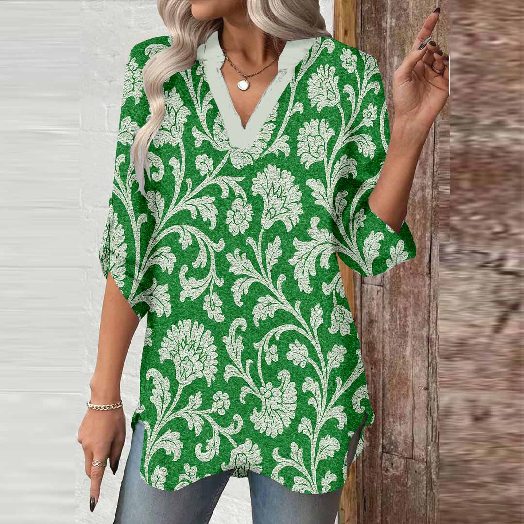 Women Leaves, Green DZGA0170 3/4 Sleeve V-neck Printed Graphic Button Tops