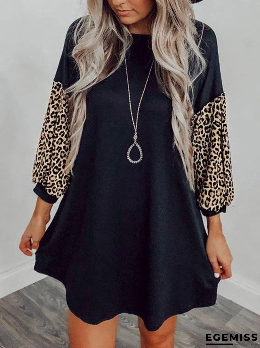 Leopard Loosen Round Neck Dresses Black Dresses | EGEMISS