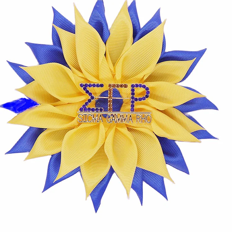 Anniversary Flower Lapel Pin Royal Blue Yellow Satin Ribbon Double Layers Letter Sigma Gamma Rho 100 YRS Sorority Brooch Women