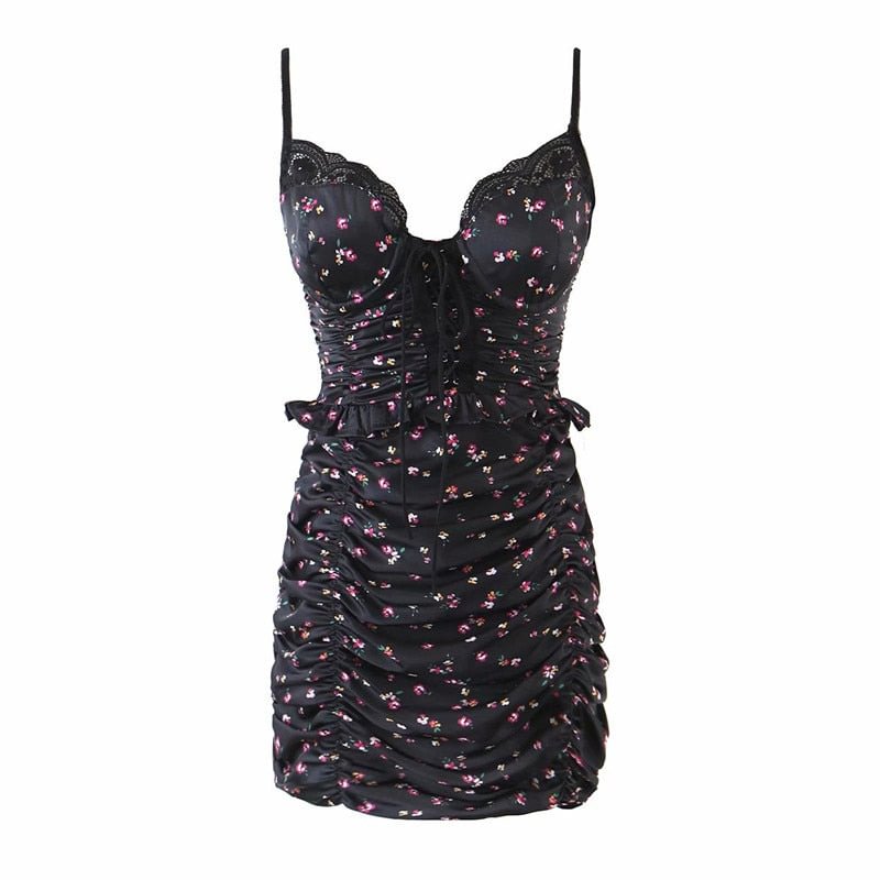 PUWD Sexy Women Black Satin Spaghetti Strap Dress 2021 Summer Ladies Lace Patchwork Mini Dresses Female Slim Print Short Dress