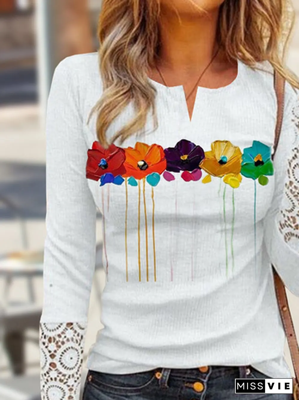 Floral Print Long Sleeve Patchwork Lace Top