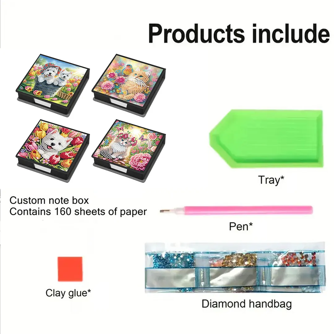 4Pcs Cat 5D DIY PU Diamond Painting Kit Office Note Box with 160 Sheets Paper
