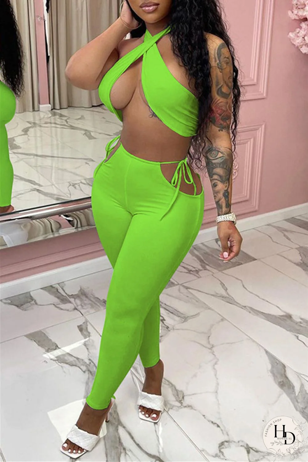 White Fashion Sexy Solid Backless Halter Sleeveless Two Pieces