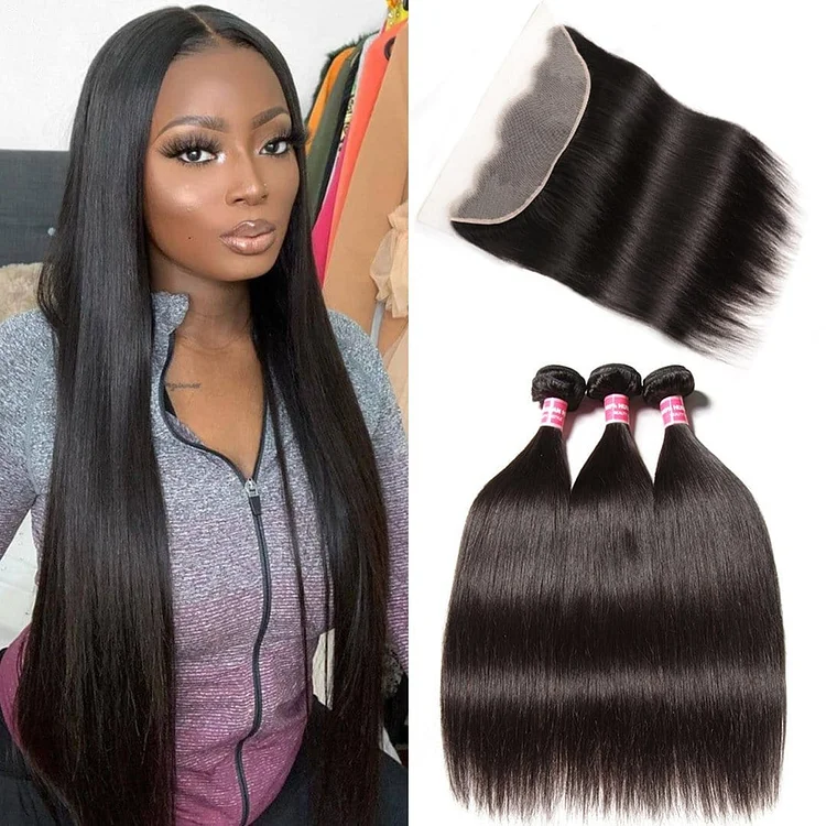 Hair Bone Straight Hair Bundles with Transparent Frontal Pre Plucked 13*4 Swiss Lace Front