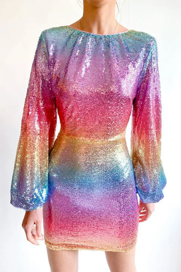 Rainbow Sequined Festive Open Back Mini Dress