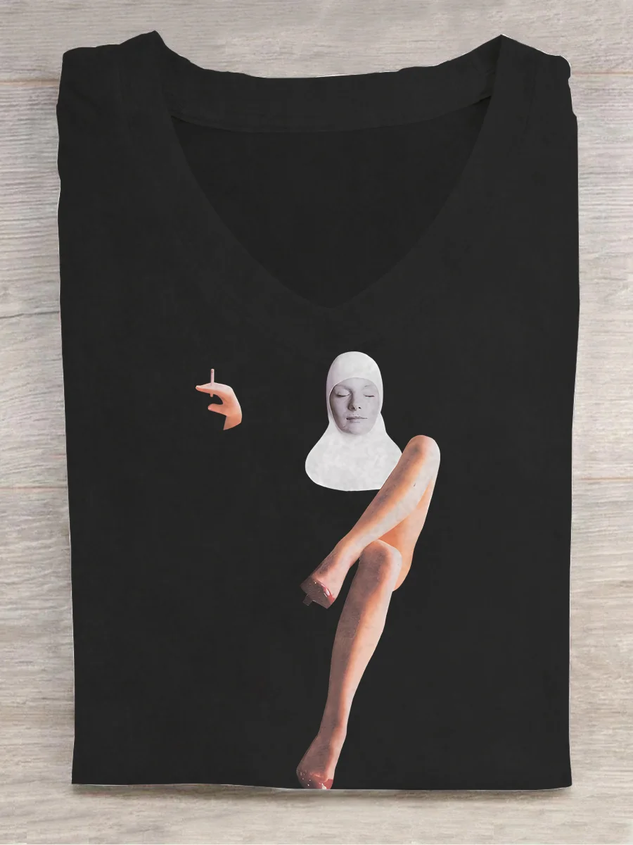 Eagerlys Bad Nun Smoking with Her Legs Crossed V-neck T-shirt Eagerlys