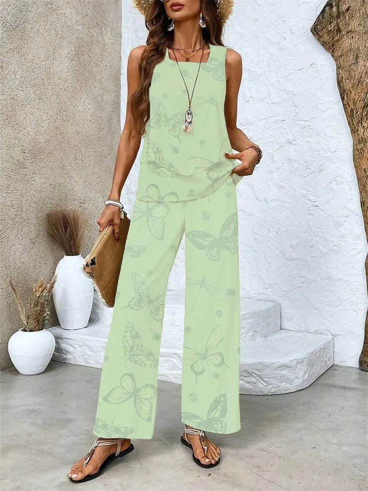 Women's Sleeveless Square Collar Graphic Printed Casual Set