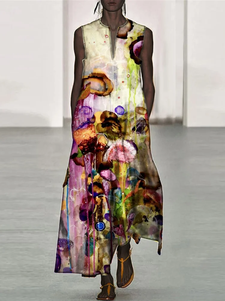 Vintage Floral Color Clash Women's Linen Vest Long Dress