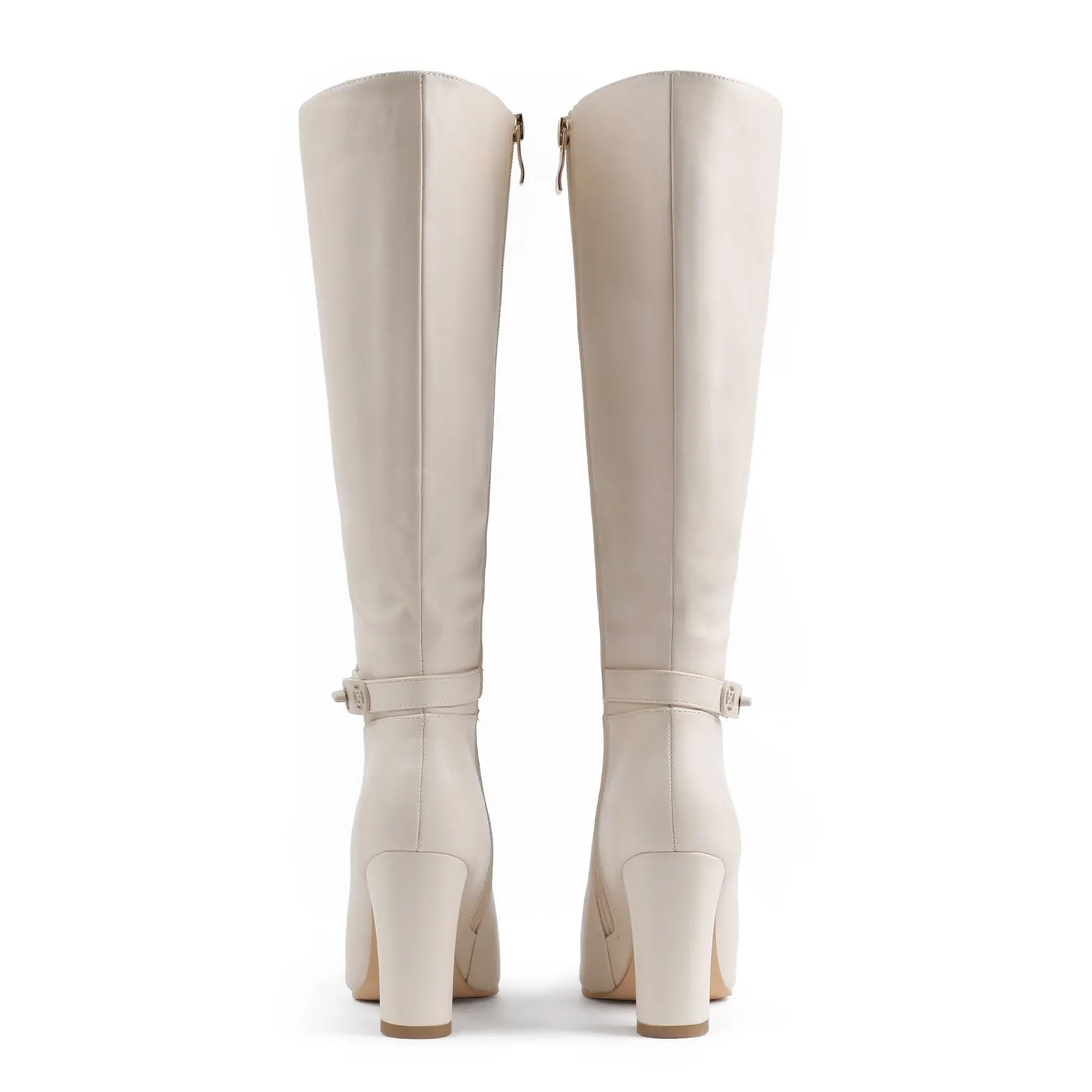 85mm/3.35 inch Women's matte high heel pointed toe buckle style casual zipper knee high boots-vocosishoes