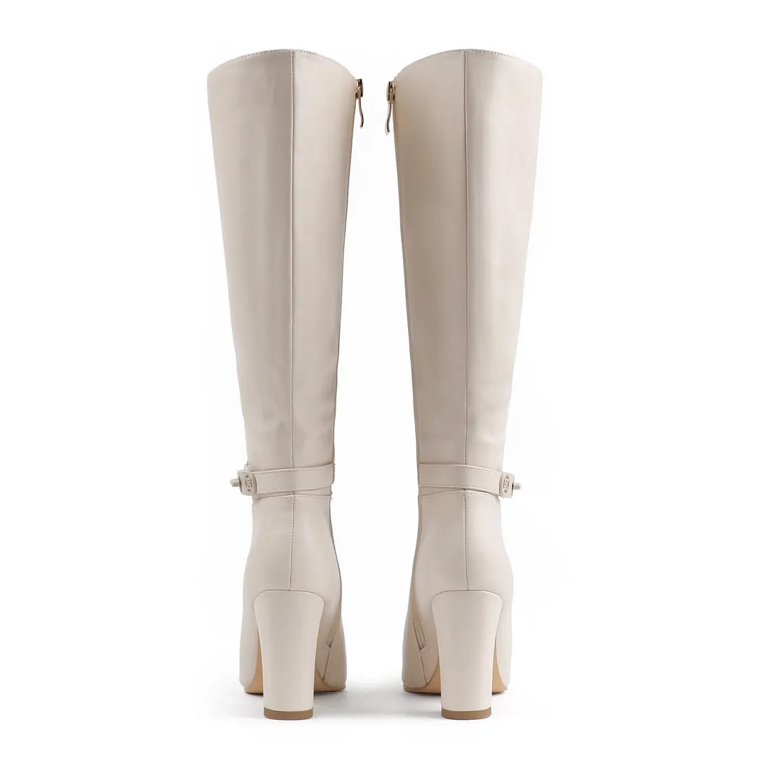 85mm/3.35 inch Women's matte high heel pointed toe buckle style casual zipper knee high boots-vocosishoes