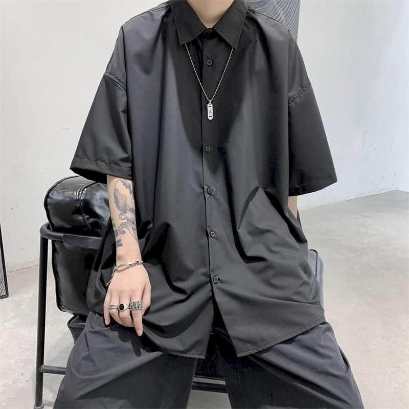 Abstinence Black Button Up Shirt Women Blouse Men Korean Tops Loose Five-point Sleeves Hong Kong Style Fall Short-sleeved Shirts