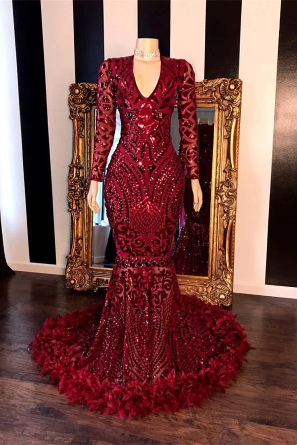 Burgundy V Neck Long Sleeves Mermaid Prom Dress Feather With Sequins PD0723