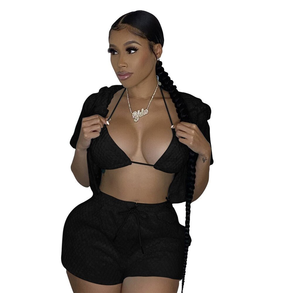 ANJAMANOR Fluffy Shorts Sets Cute Sexy Three Piece Sets Fall 2021 Womens Fashion Outfits Zip Up Hoodie Matching Sets D64-EZ40