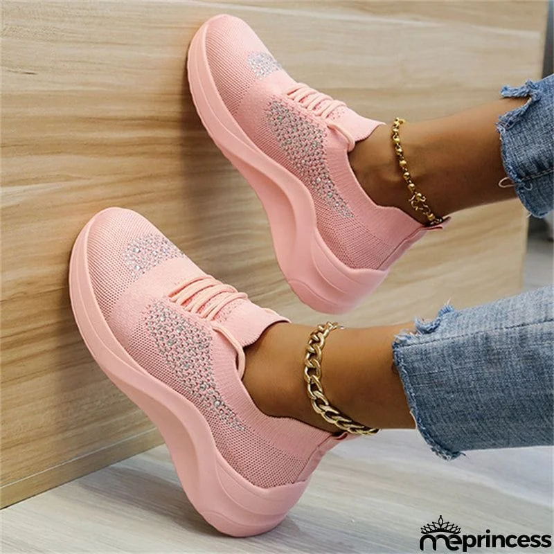 Lady Summer Trendy Solid Color Rhinestone Walking Sneakers