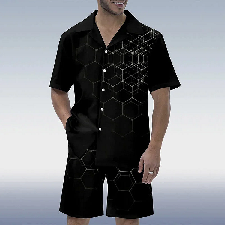 BrosWear Casual Black Geometric Shirt And Shorts Co-Ord