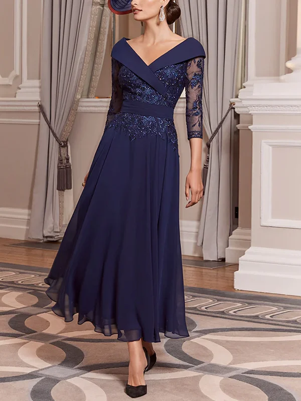 V-Neck Lace Solid Color Midi Dress