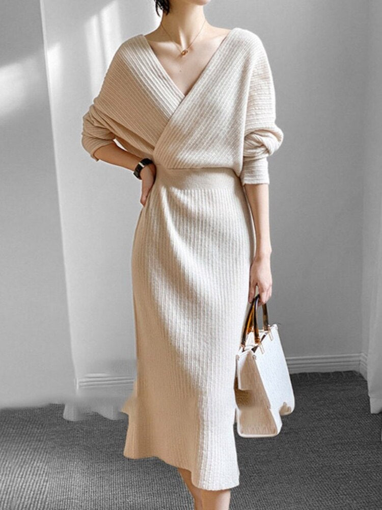 Llyge Knitted Dresses V Neck Elegant Long Dresses 2024 Autumn Winter Korean Fashion Sweater Pullover Dress Party Dress Streetwear llyge