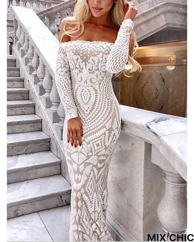 Women's A Line Dress Maxi Long Dress White Black 3/4 Length Sleeve Solid Color Backless Sequins Summer Off Shoulder Hot Elegant Sexy